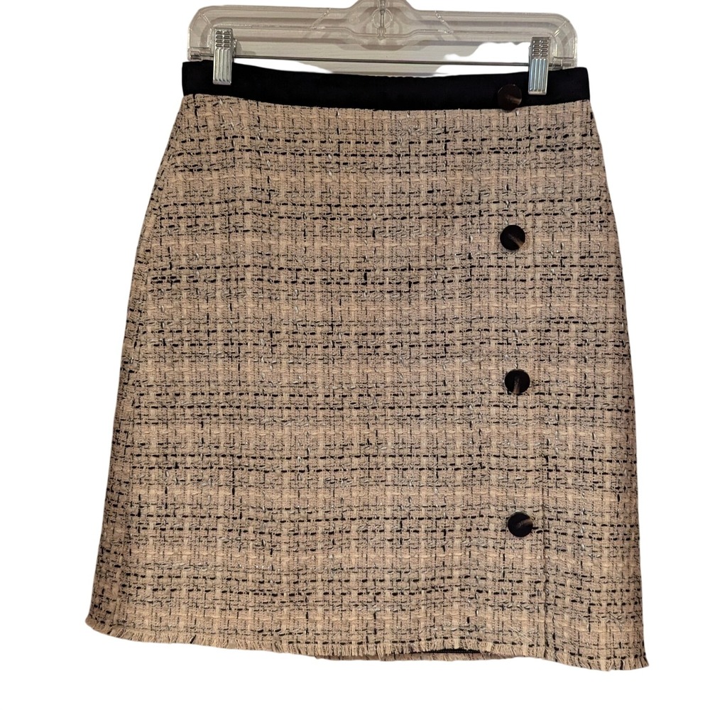 Ann Taylor Tweed Mini Skirt 4 Cream Black Button Front A-Line Preppy Chic Career